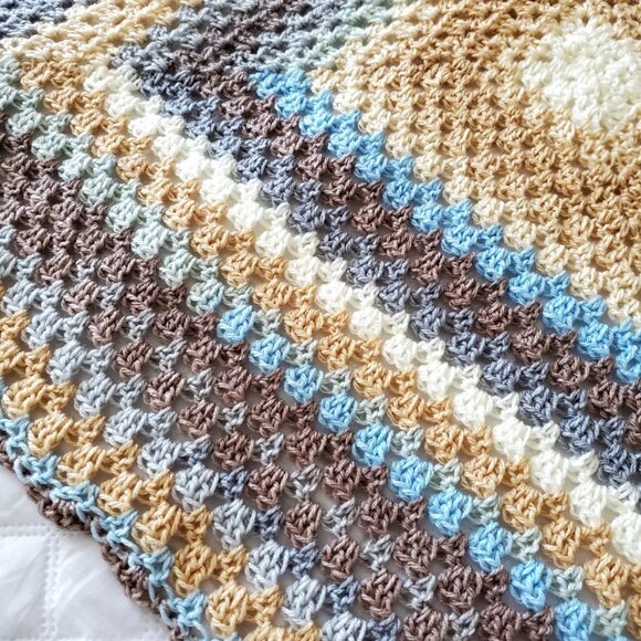 Crochet BABY BLANKET AFGHAN Lap Granny Square 30"x 30" Beige Blue Gray Brown New - Picture 1 of 13